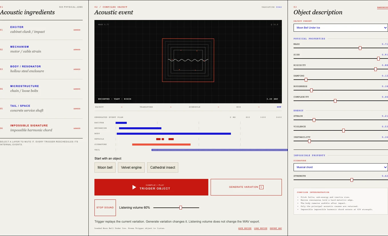 Fictional Acoustics interface showing sound layers, an event timeline and physical property controls
