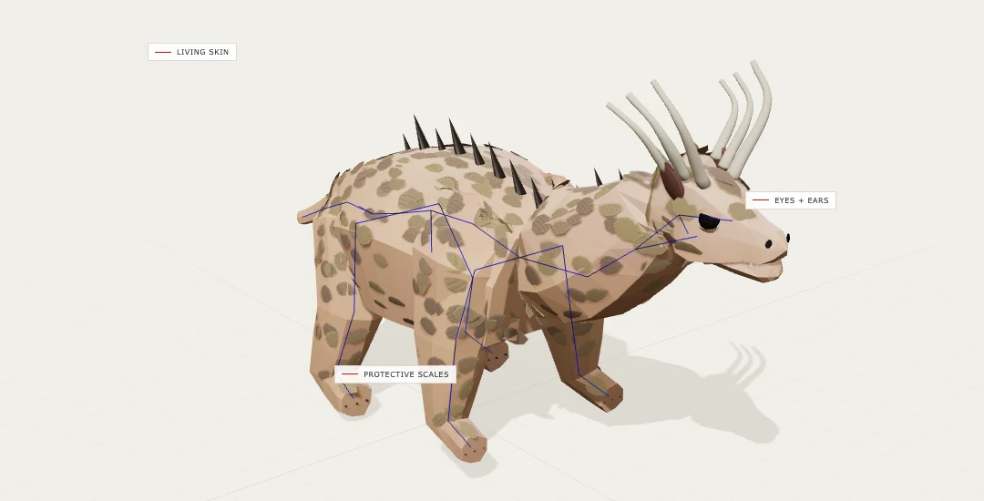 A procedurally generated creature with visible rig lines and layered surface details