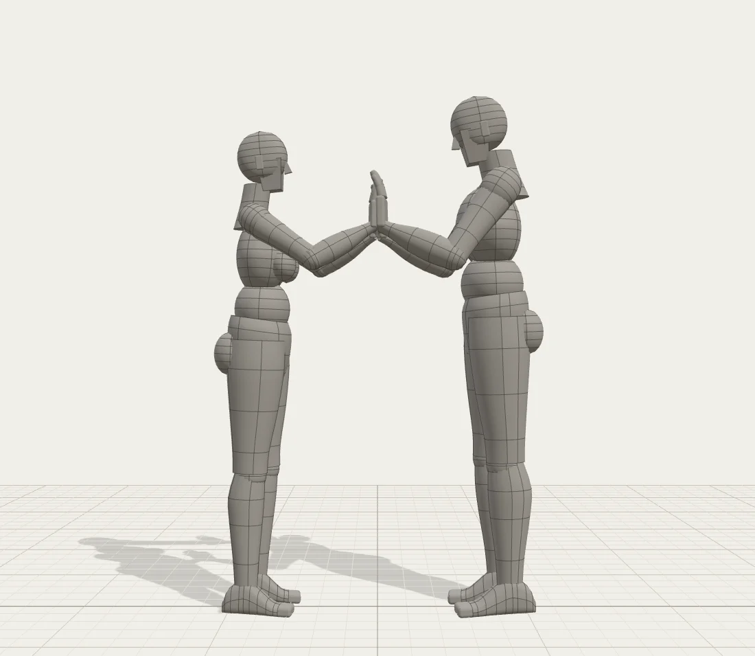 Two parametric figures facing one another with their palms touching