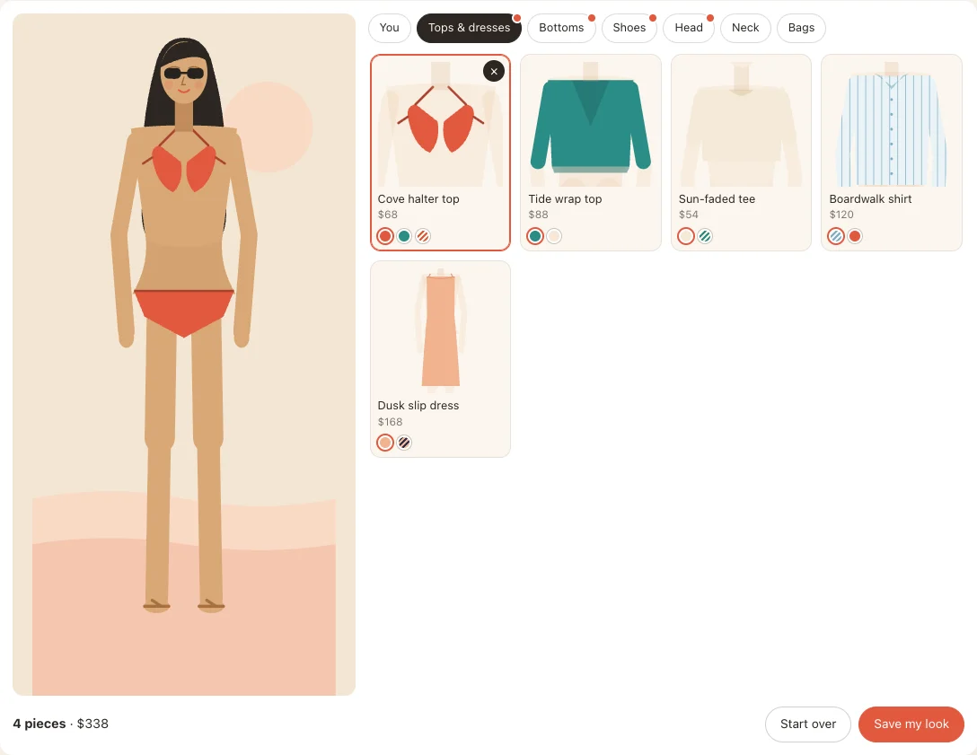 An illustrated fashion styling game with garment choices and an outfit preview